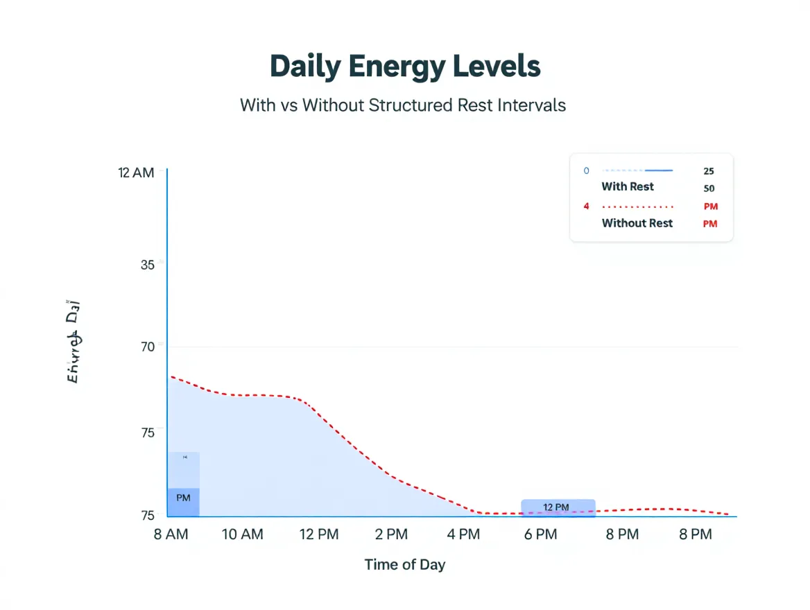 Chart comparing daily energy levels with and without structured rest intervals throughout the day