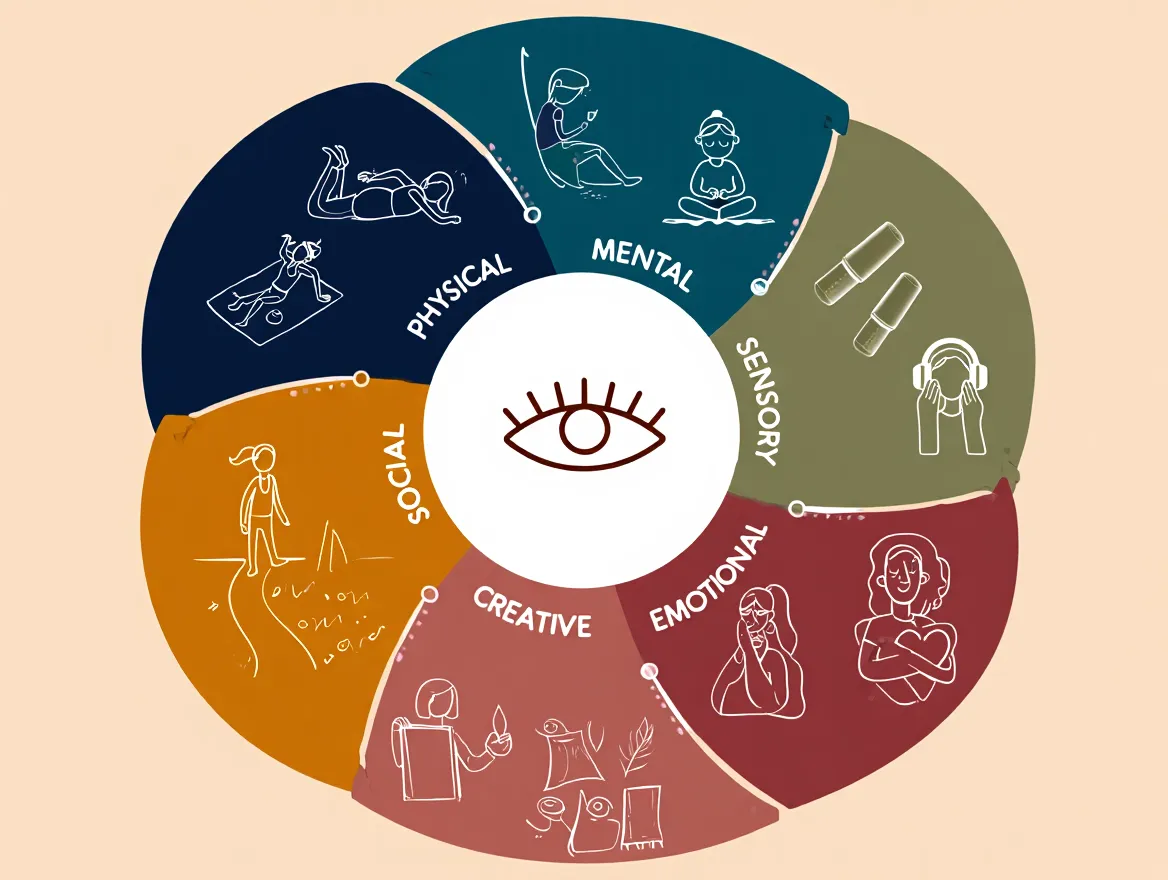 Map showing six types of rest — physical, mental, sensory, emotional, creative, and social — and their interconnections
